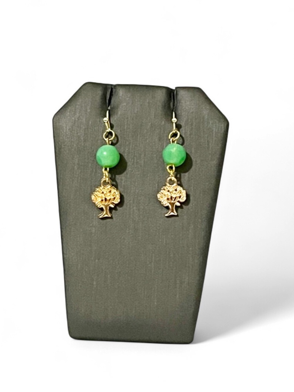 Tree of Life Drop Earrings Gold Green Bead Dangle Fall Bohemian Witchy Jewelry - Picture 6 of 7